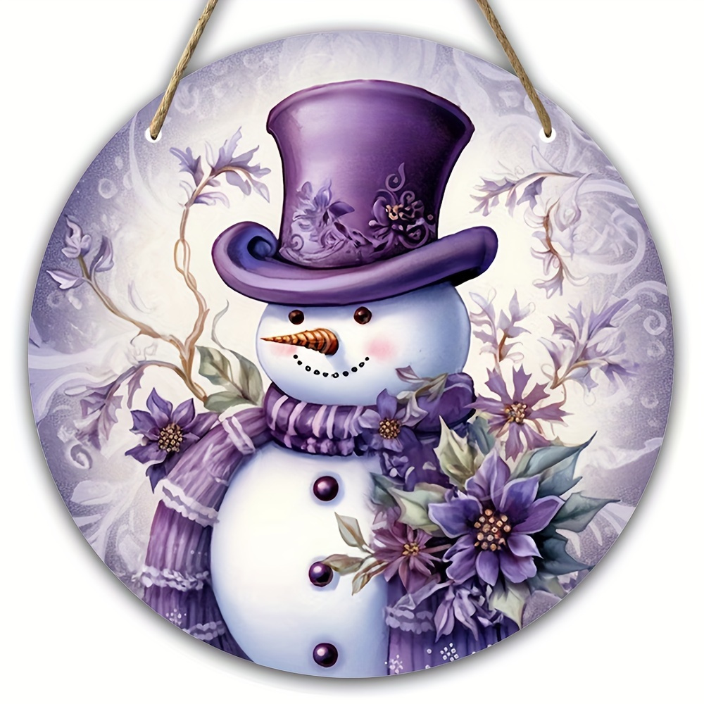 

Purple Snowman 7.87" Round Wooden Sign - Winter Decor, Wreaths & Hanging In Homes, Restaurants, Bars, Cafes, And More, Winter Wonderland Decorations