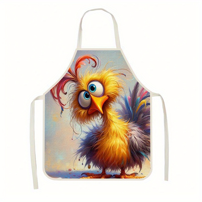 

Woven Linen Apron With Whimsical Chicken Illustration - 100% Linen Fabric, Adjustable Tie, Multifunctional For Kitchen Cooking, Gardening, Fashionable Home Workwear, 26x21 Inch (1pc)