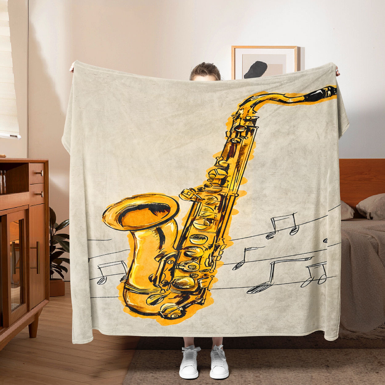 

Flannel Fleece Throw Blanket With Saxophone Print, , Multi-use For Sofa Bed Camping, Color, Knitted Polyester, , Contemporary Style, , 200-250g Fabric Weight