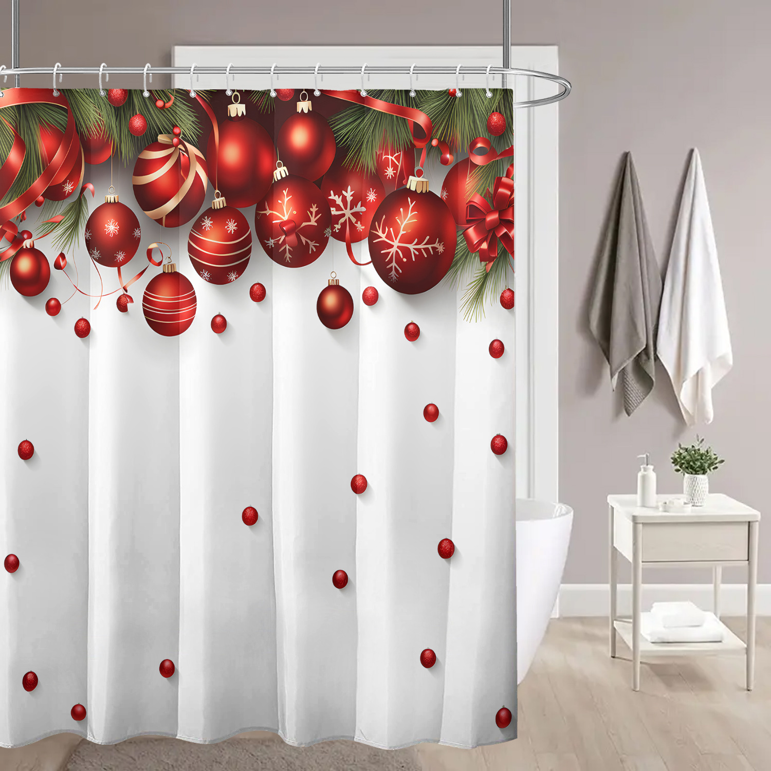 

Christmas Shower Curtain - Waterproof Polyester With Red Ball & Ribbon Design, Includes Hooks, Machine Washable - All , 71x71 Inches