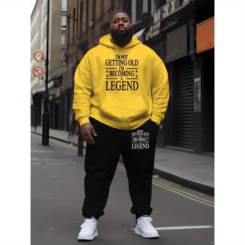 

Plus Size Legend Print Sweatsuit Set For Men - Polyester Hooded Sweatshirt & Joggers, Casual Sports Style With Slight Stretch, Knit Fabric, Regular Fit - Autumn & Winter Hoodie Outfit