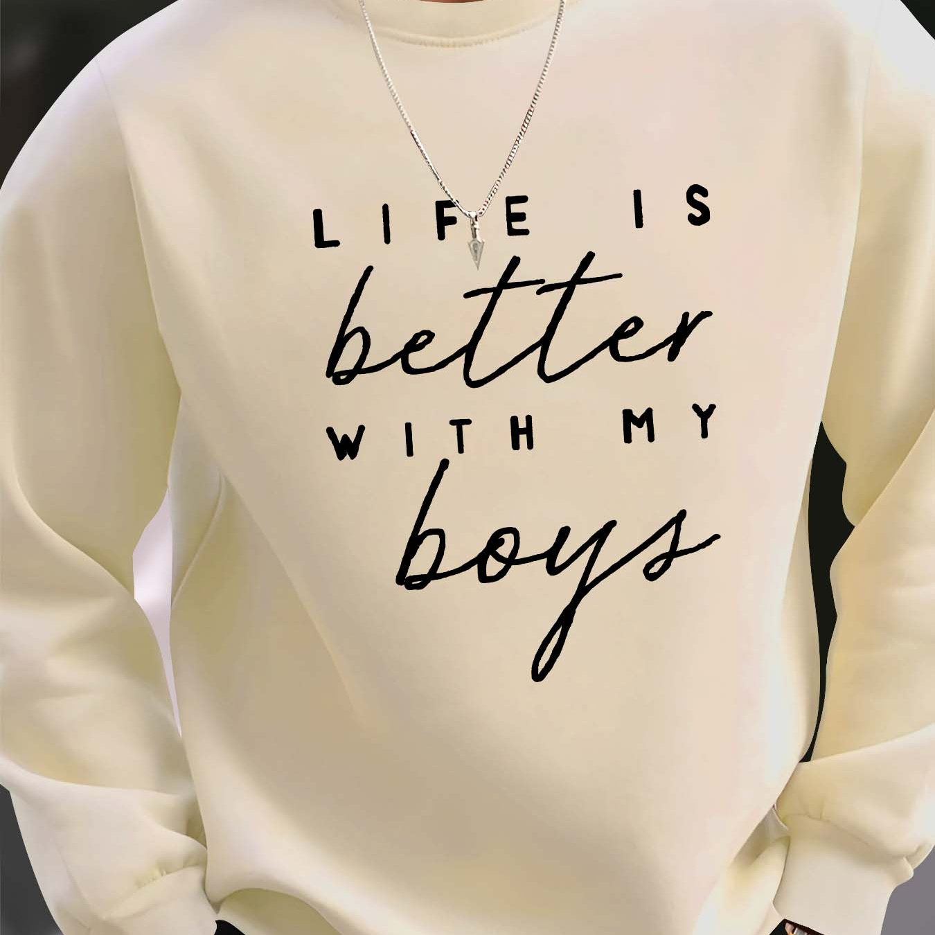 

With My Boys Print Men's Casual Fashion Long Sleeve Crew Neck Sweatshirt, Knitted Pullover, Machine Washable