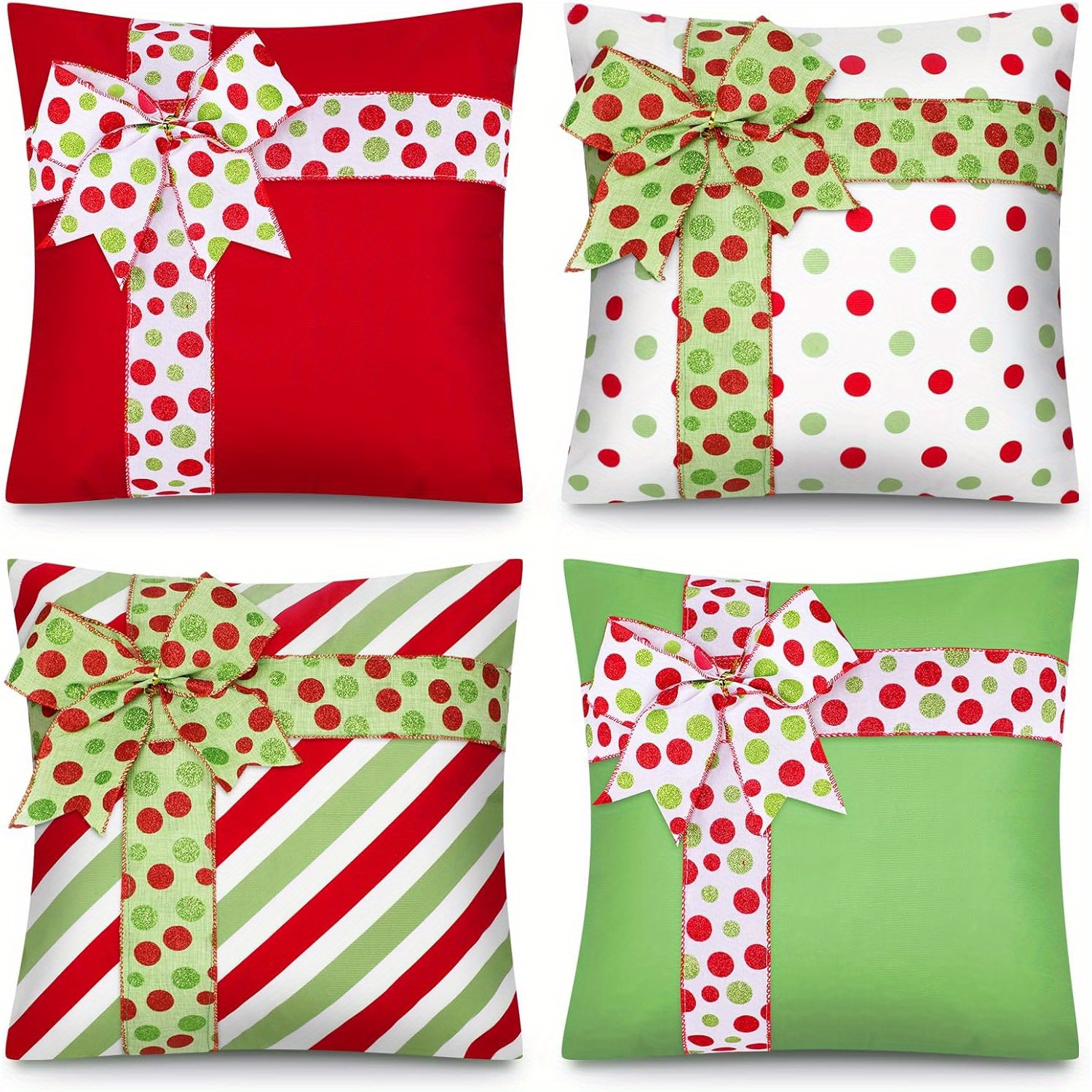 

A Set Of 4 Christmas Pillow Covers In A Gift Box, Featuring 18 Inch Designs With And Bows, Winter Farmhouse Decor And Sofa Embellishments.