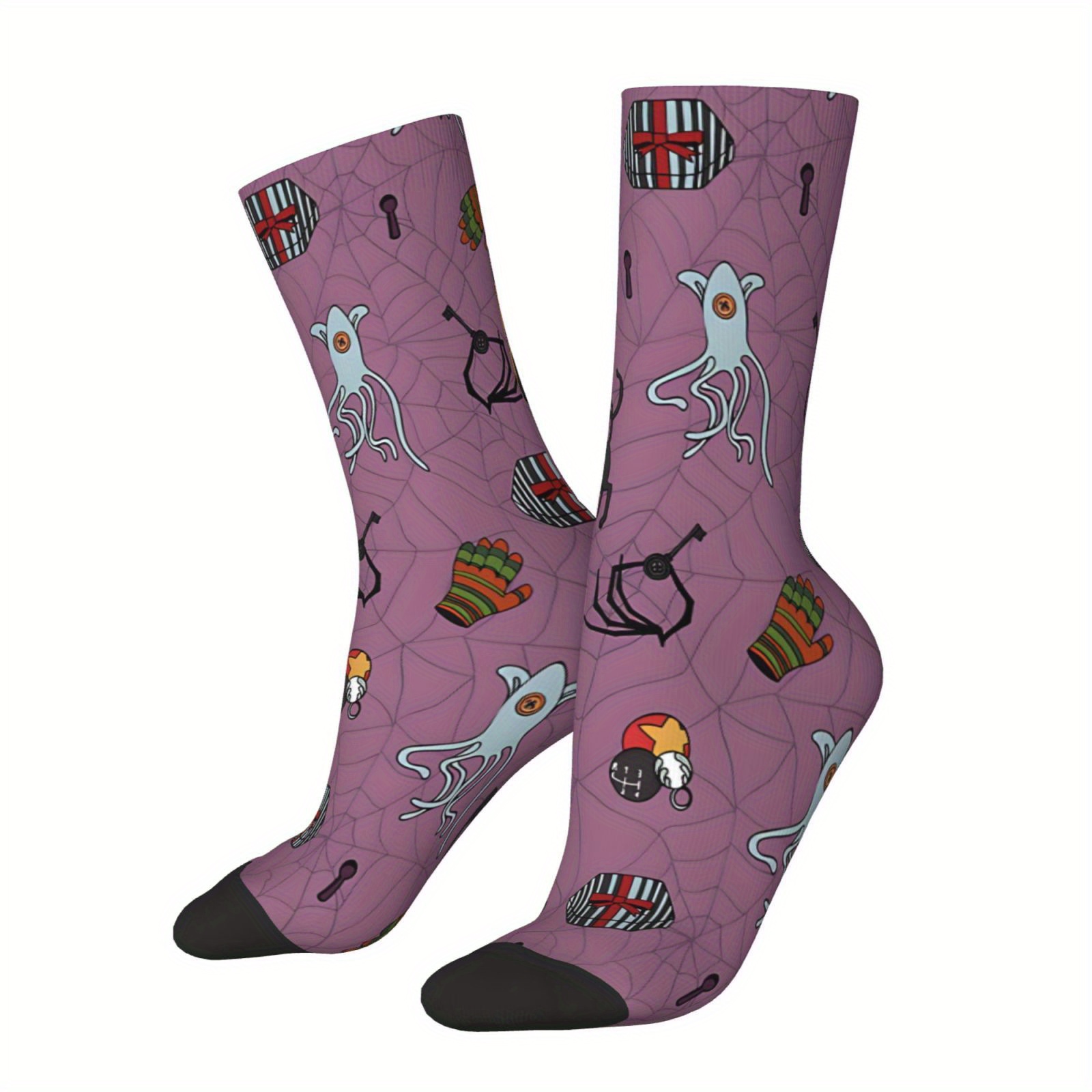 

Hip Hop Retro Purple Pattern Men's Socks - Unisex Halloween Themed Novelty Socks With Polyester And Spandex, Hand Washable Knit Fabric, Funny Printed Socks For Boys Gift