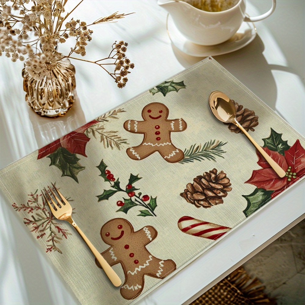 

[] 4pcs, Christmas Printed Placemats, Set Of 4 Table , Washable Placemats For Kitchen Dining Table Decoration