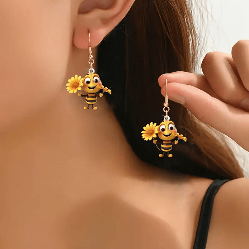 

Sunflower & Bee Acrylic Dangle Earrings - Cute 2d Pendant Design For Casual Attire, Perfect Gift Idea