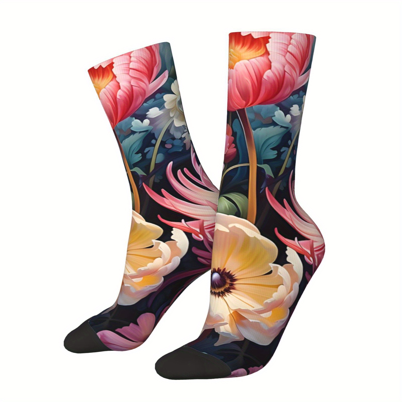 

1 Pair Vintage Floral Crew Socks - Unisex Style, Polyester Knit Fabric With Stretch, Random Print, Footwear For Men And Women, Novelty Gift Item