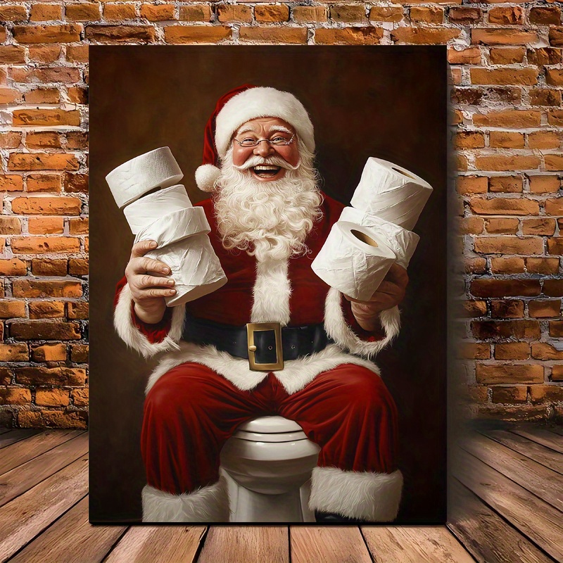 

Santa On The Canvas Art - Vintage Christmas Bathroom Decor, Wooden Funny Wall Poster, Restroom & Holiday Gifts, 11.8x15.7 Inches, Room Decor