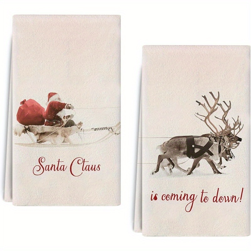 

2-piece Christmas Kitchen Towel Set - Contemporary Style, Cartoon Moose & Santa Design, 100% Polyester, Super Hand Towels For Kitchen & Bathroom Decor, Machine Washable - Ideal Holiday Gift