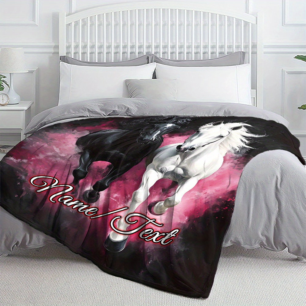 TEMU Customizable 1pc Black And Print Fleece Blanket, Lightweight Flannel Throw For Sofa, Bed, Travel, Livingroom, Office, Couch, Chair, And Bed -