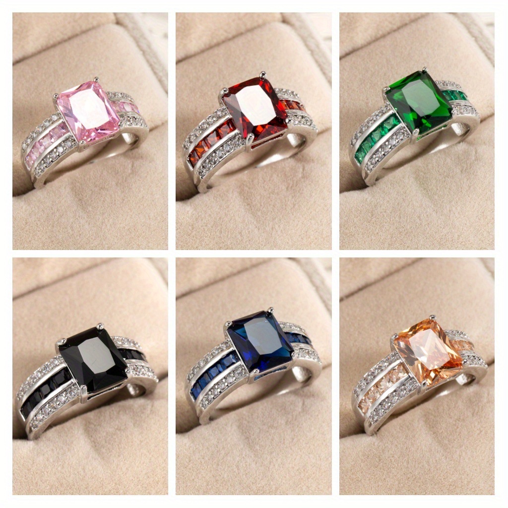 

1pcs Light Luxury Color Ring Female Europe And America Creative Zircon Ornament Fashion Ornament Classic Wedding Square Jewelry