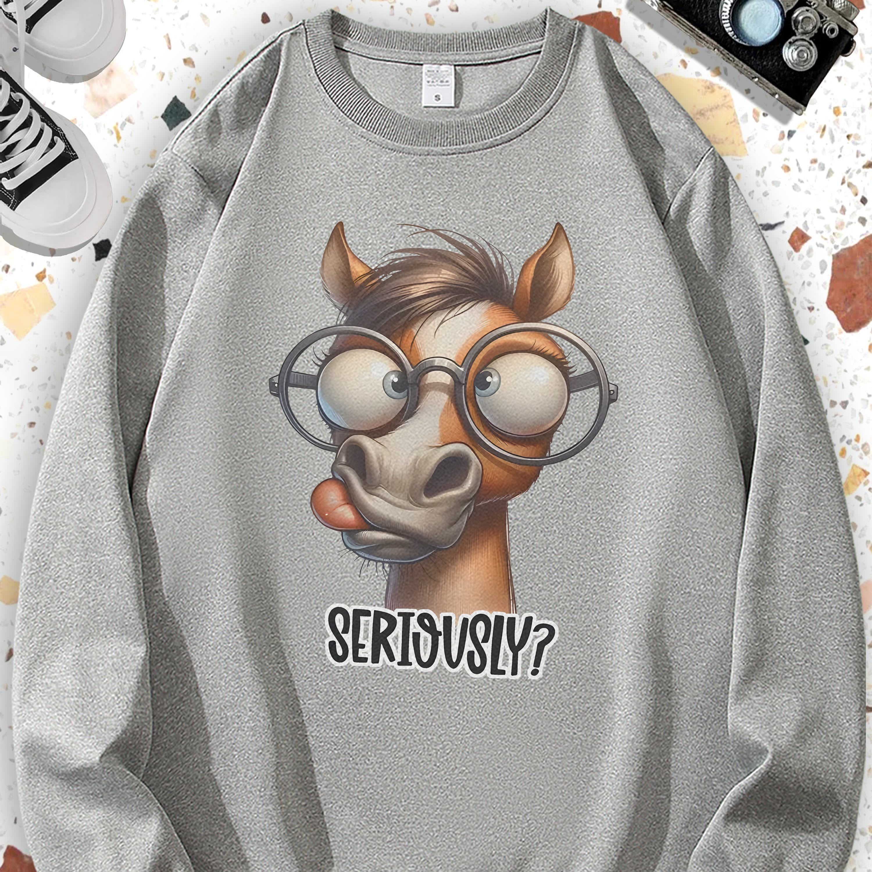 

Women's Casual Crew Neck Pullover Sweatshirt With '' Horse - 100% Polyester Knit Fabric - Stretch - Geometric Pattern - All Season Comfort - Long Sleeve - Adult Active Sweatshirt