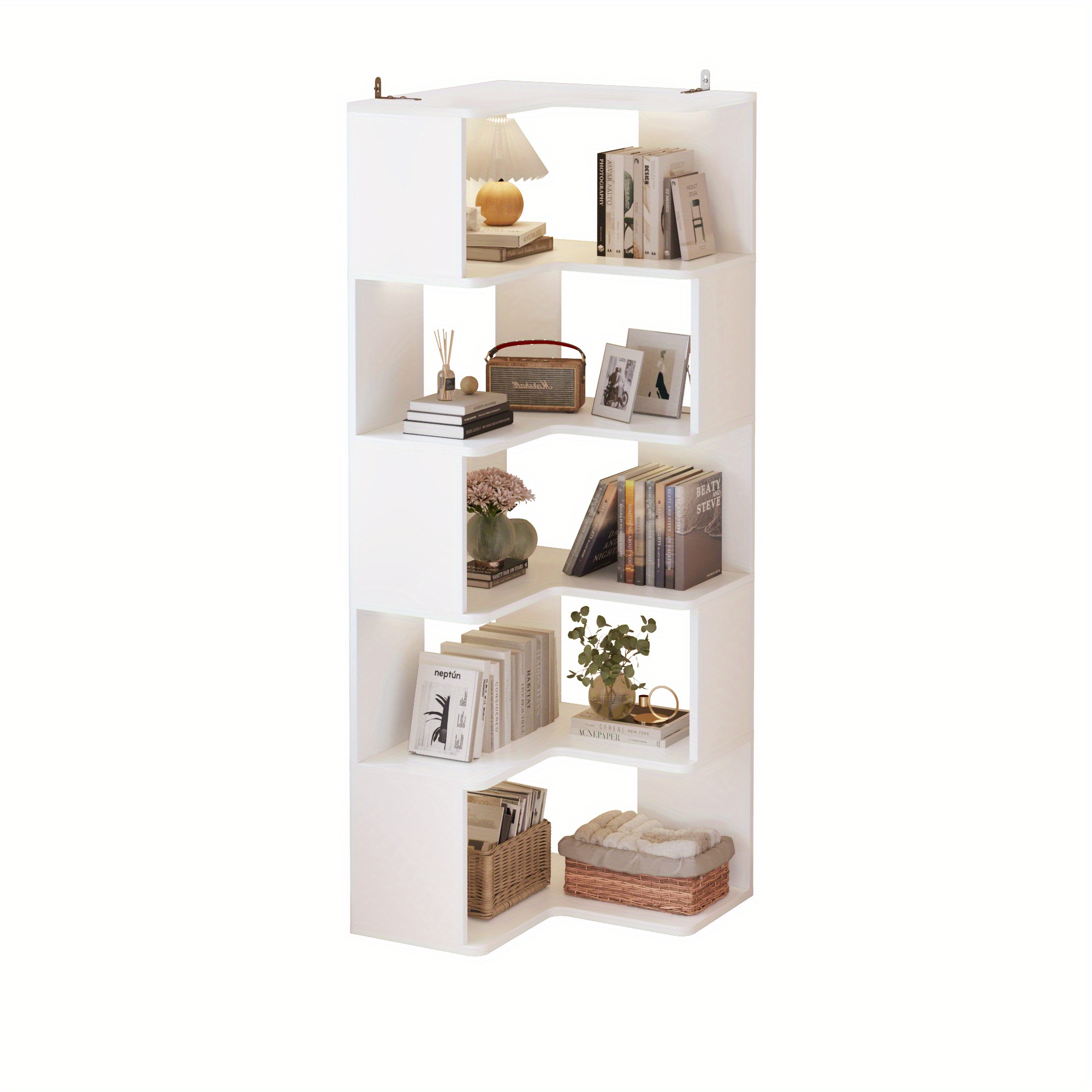 Book Shelf, 6 Tiers Storage Cabinet, L-shaped Display Industrial Bookshelves For Home Office, Bedroom, Living Room & Kitchen, White