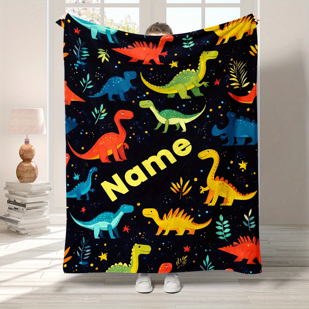 

1pc Custom Name Blanket, Cartoon Dinosaur Print, Lightweight Flannel Throw, Soft And Warm, Polyester, For Sofa, Bed, Travel, Camping, Living Room, Office, Chair, Party, Christmas, Easter, Favor