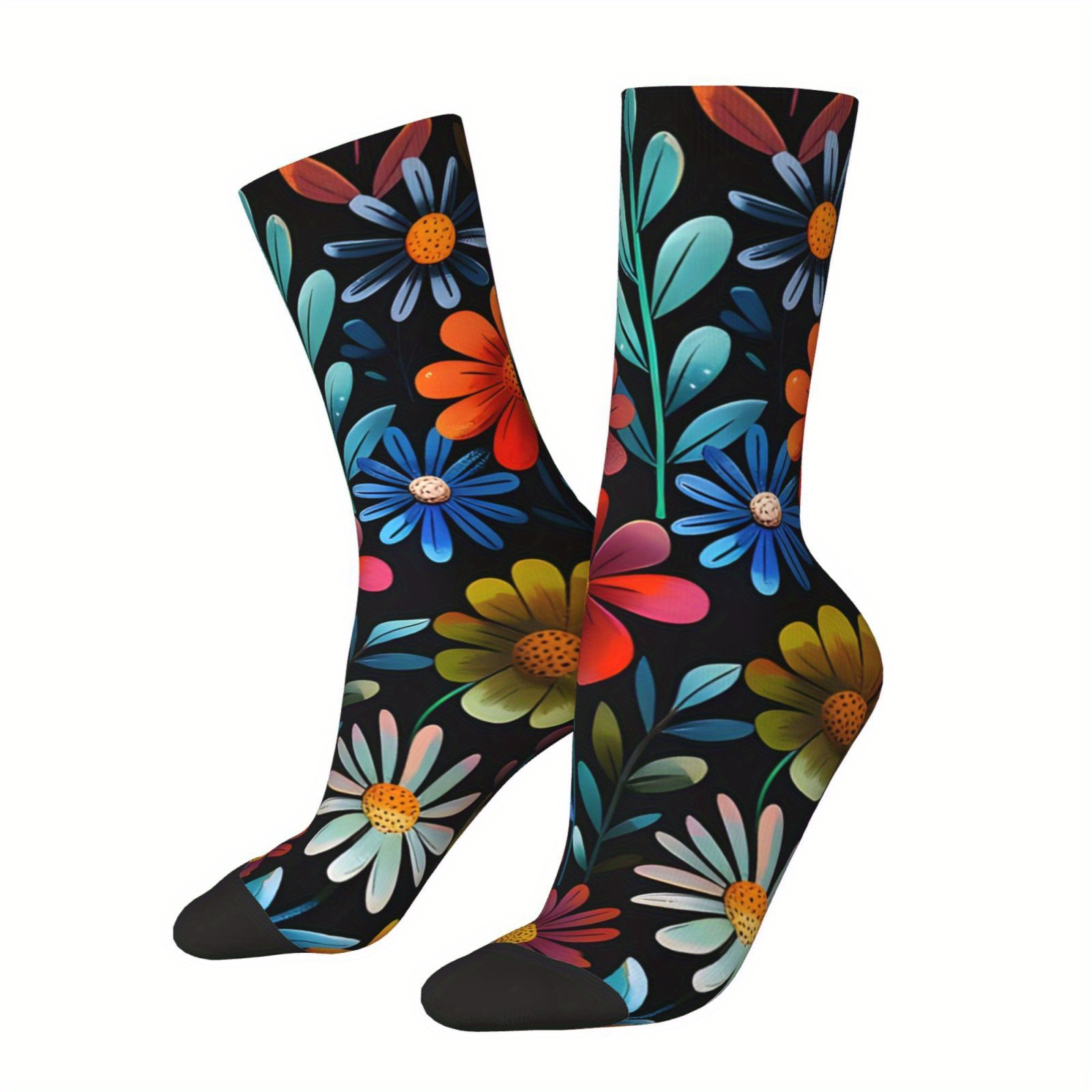 

Unisex Retro Floral Pattern Socks - 1 Pair, Polyester & Spandex , Seamless Knit Fabric, Hand Washable, Novelty Socks For Men And Women