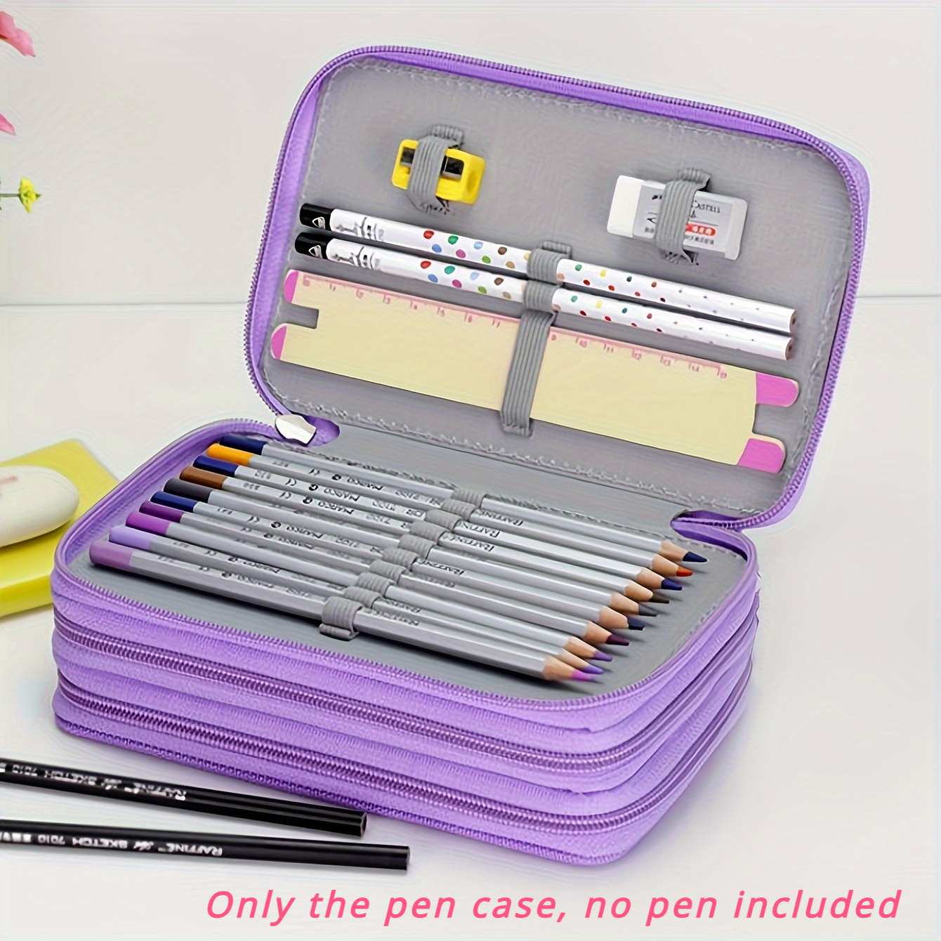 Image of 1pc Three-layer Zipper Pencil Box, 52-hole Large-capacity Stationery Storage Box, Suitable For Art Painting Pens, Colored Pencils, Stationery Storage Bags