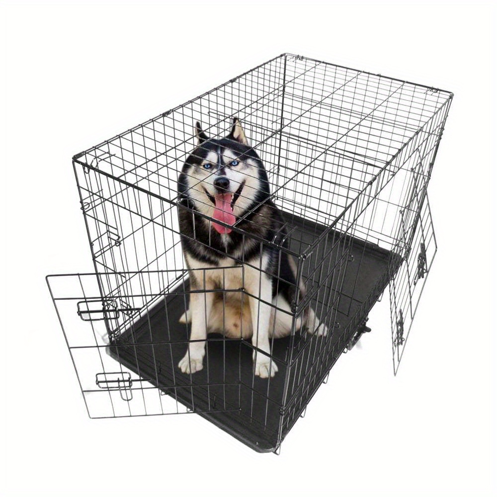 

36"/ 30"/ 42"/ 48" Heavy Duty Foldable Double Door Dog Crate With Divider And Removable Abs Plastic Tray