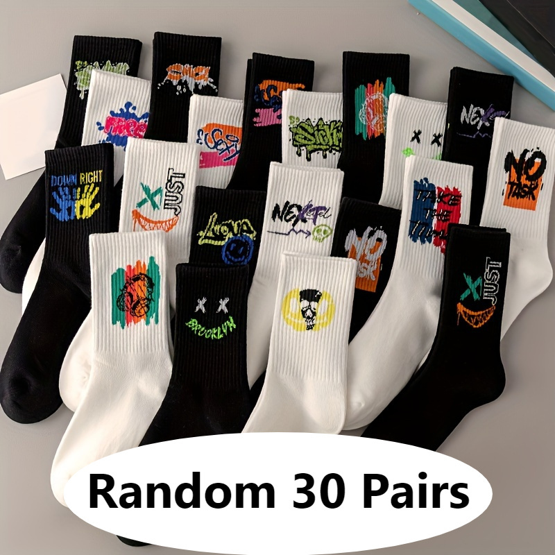 

30 Pairs Of Men's Trendy Graffiti Pattern Crew Socks Blend Breathable Comfy Casual Unisex Socks For Men's Outdoor Wearing Wearing