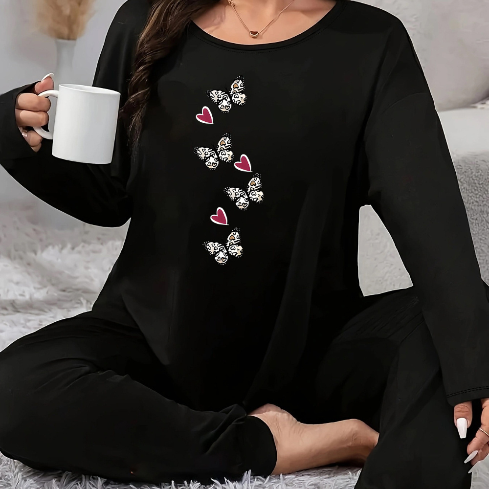 

Plus Size Women's & Heart Print Long Sleeve Pajama Set - Autumn/winter Cozy Lounge Wear