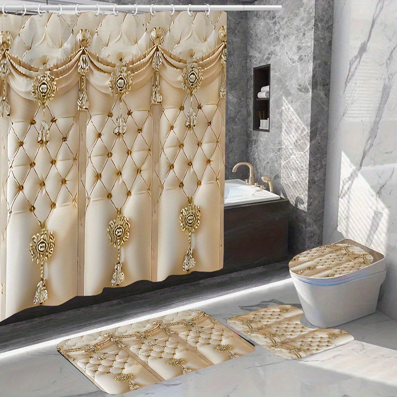 

1pc/4pcs Luxury Waterproof Shower Curtain Set With Non-slip Rug, Toilet Seat Cover, And 12 Hooks, Fashion Polyester Fabric, , Water-resistant Bathroom Accessories