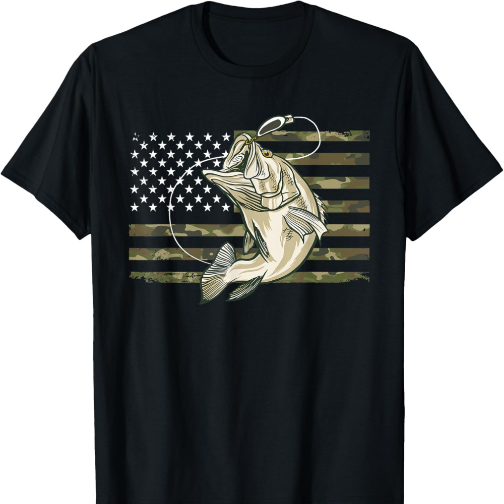 

Fishing Camouflage Us American Flag Bass Fish Fisherman Camo T-shirt