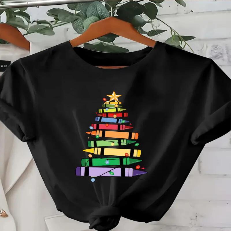 

Christmas Crayon Casual Short Sleeve T-shirt For Women - Polyester Knit Fabric, Round Neck, Festive Holiday Summer Top