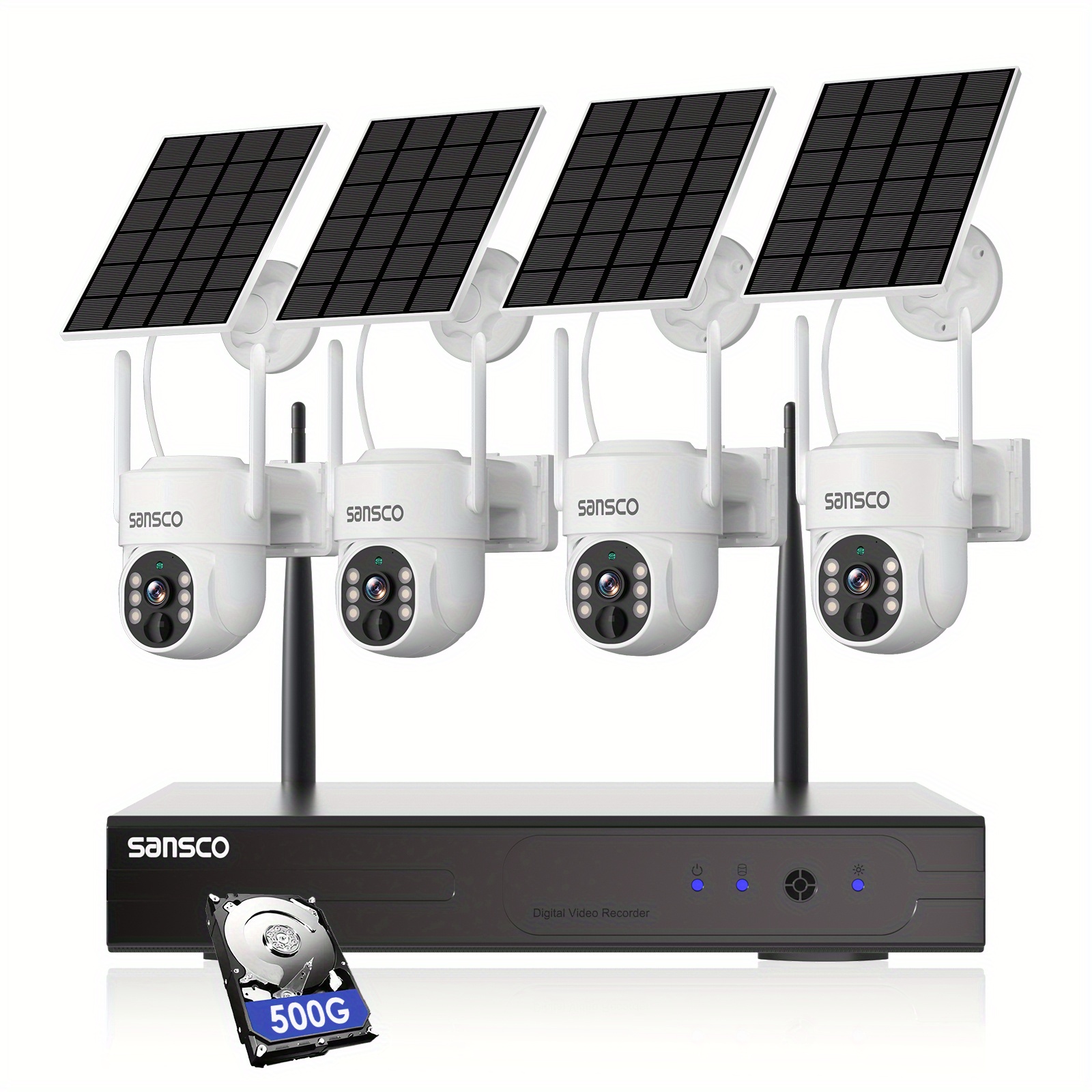 

Sansco Solar Wireless Outdoor, 10 Channel 2k Nvr Recorder With 500gb Hard Drive, 4x 4mp Battery Powered Ptz Camera With Solar Panel, Pir Motion Detection, Audio, Color Night Vision