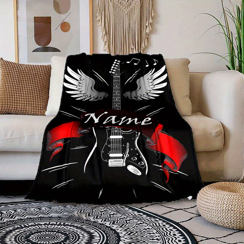 TEMU Personalized Guitar Wings Name Blanket - Soft, Warm & Customizable For , Camping & Travel | Ideal Gift For Music Lovers, Custom Name Blanket, Guitar Wings, Soft And Warm, Holiday Gift