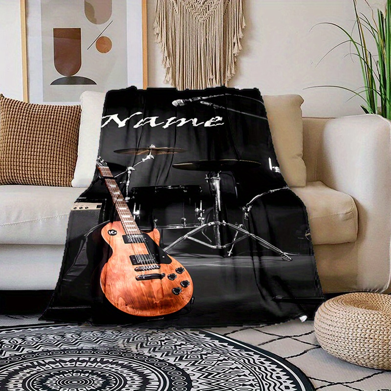 TEMU Personalized Guitar & Drums Custom Name Blanket - Soft, Warm, And Cozy For , Camping, Travel | Ideal Gift For Music Lovers