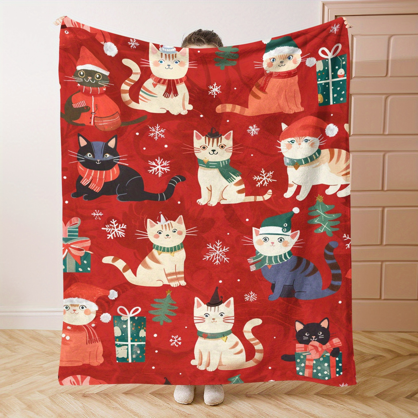 

Christmas Cat Theme Soft Flannel Throw Blanket - Cozy Lightweight Warm Couch Sofa Bed Office Travel Blanket, Contemporary Style, Polyester 100%, Knitted 200-250g