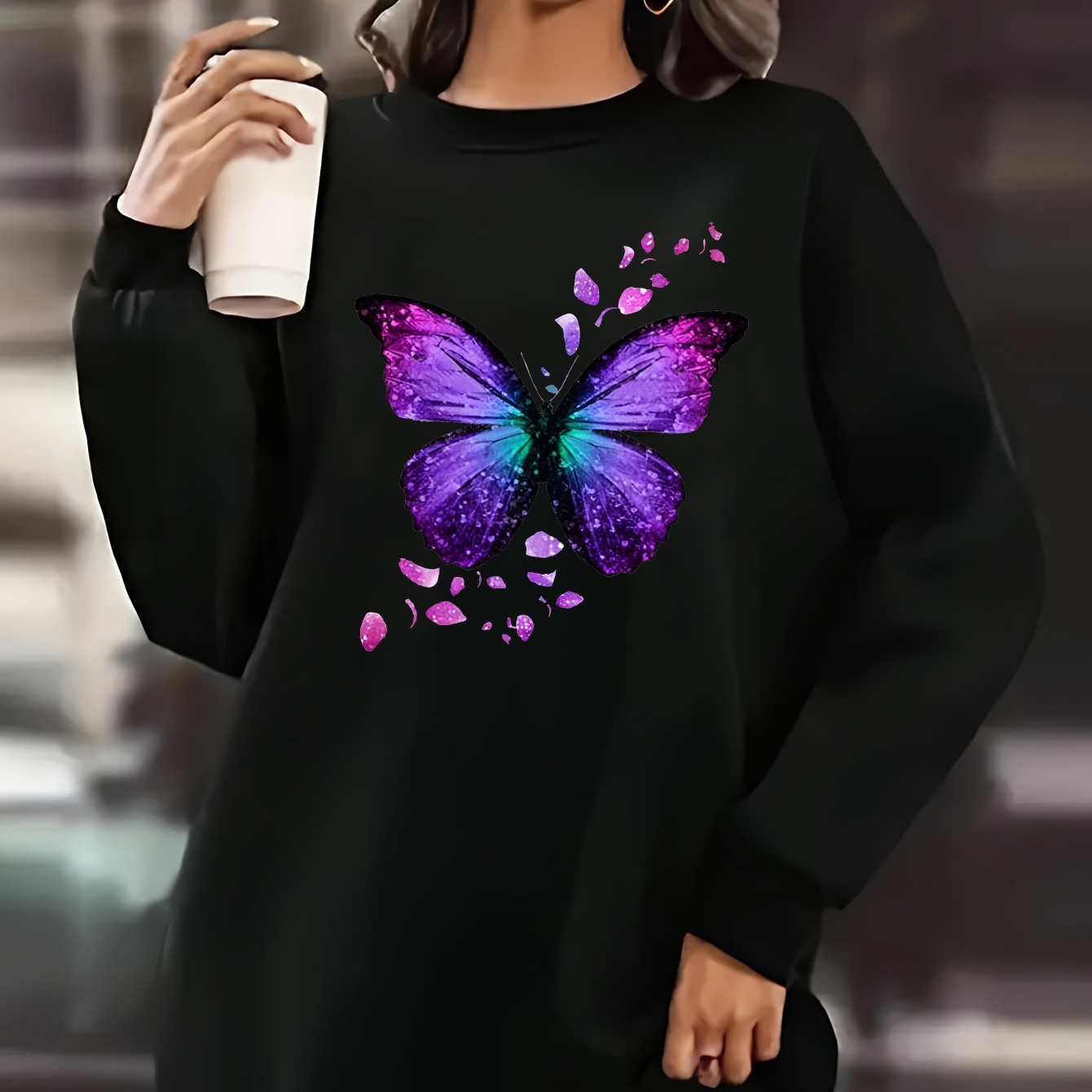 

Robe de sweatshirt décontractée taille plus avec imprimé papillon, manche longue col rond en maille polyester pour /hiver, robe pullover noire ample et élégante pour femmes