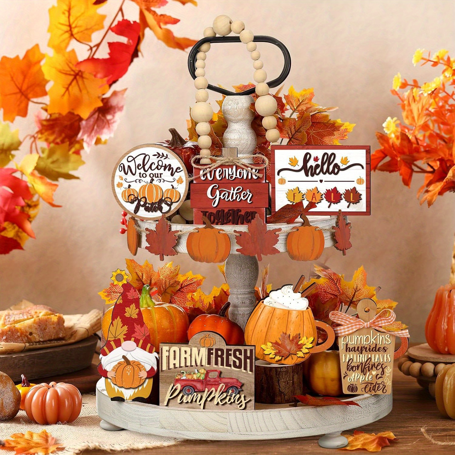 

Set Of 15 Fall Tiered Tray Decor Pumpkins Farmhouse Decor Autumn Maple Leaf Wooden Signs, Fall Table Centerpieces Thanksgiving Harvest Wood Blocks Signs For Home Decor