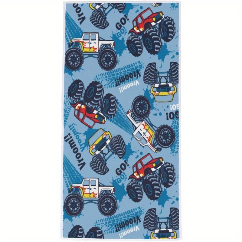 

Jit Monster Trucks Themed Towel - 18x26 Inch, 1pc, 100% Polyester Woven Fabric, Cartoon Vehicles, Super Absorbent And Machine Washable For Bathroom, Spa, Gym, Sports