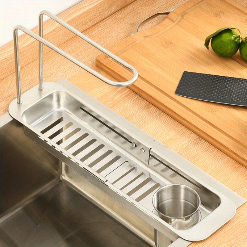   expandable stainless steel kitchen sink organizer dish draining rack with sponge holder fits all sinks