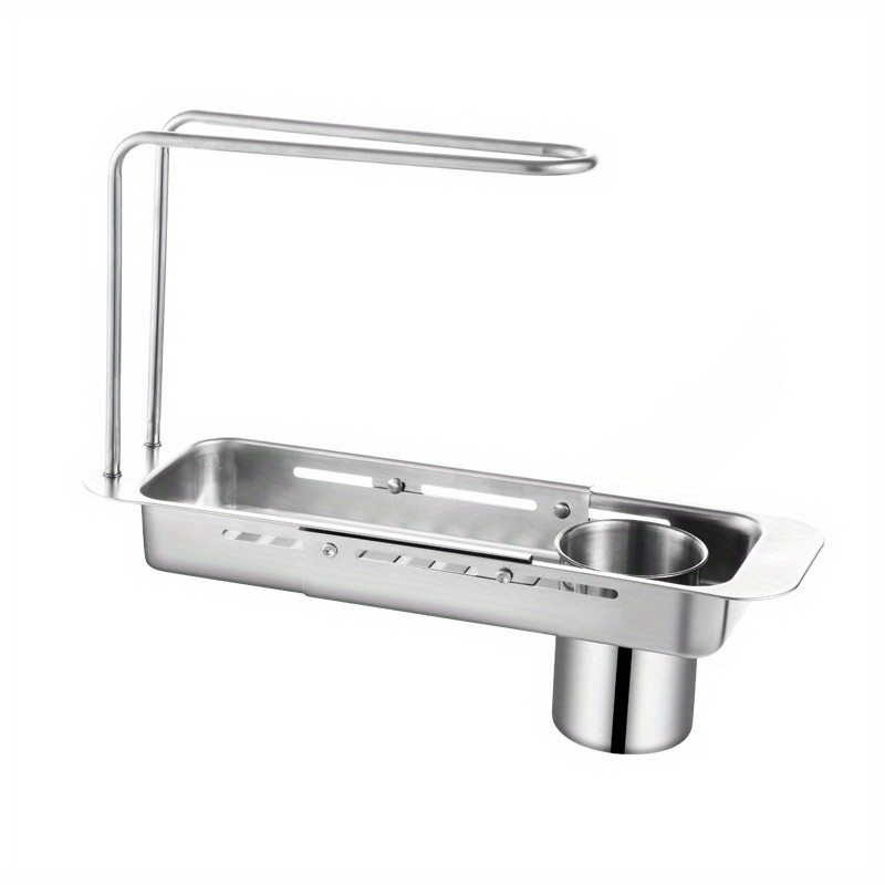 TEMU Expandable Stainless Steel Kitchen Sink Organizer - Dish Draining Rack With Sponge Holder, Fits All Sinks