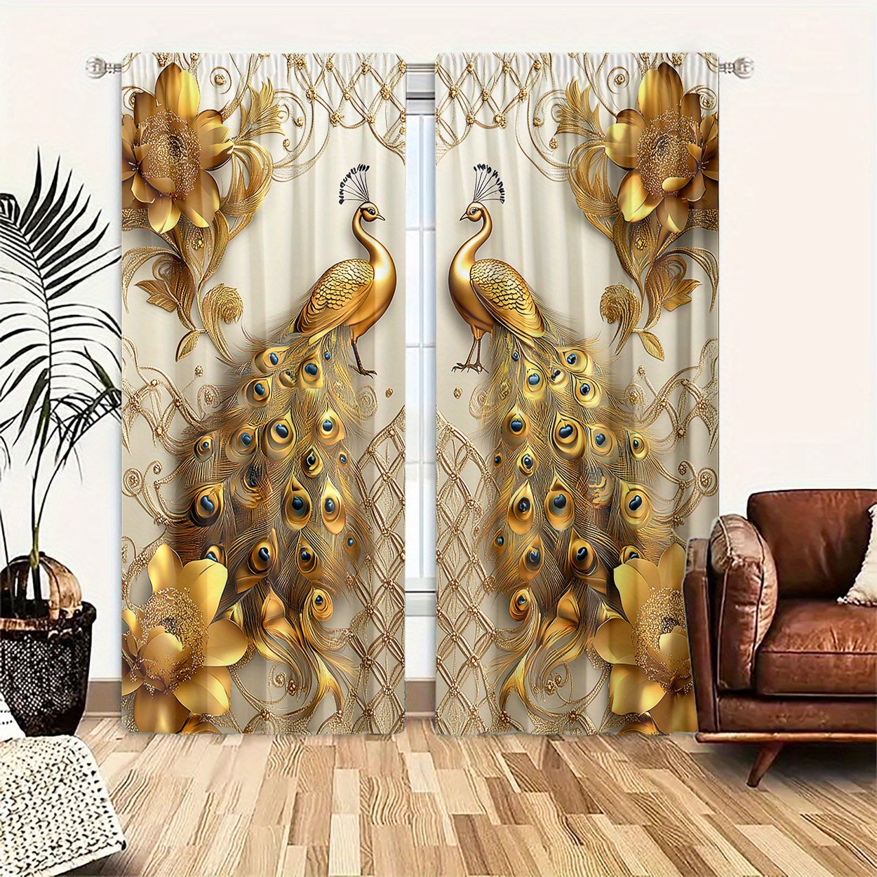 

2pcs, Polyester Material, Digital Printing Golden Pattern, Light Filtering Curtain, Suitable For Bedroom, Living Room, Office And Home Decoration, Pole , Suitable For Pole Installation