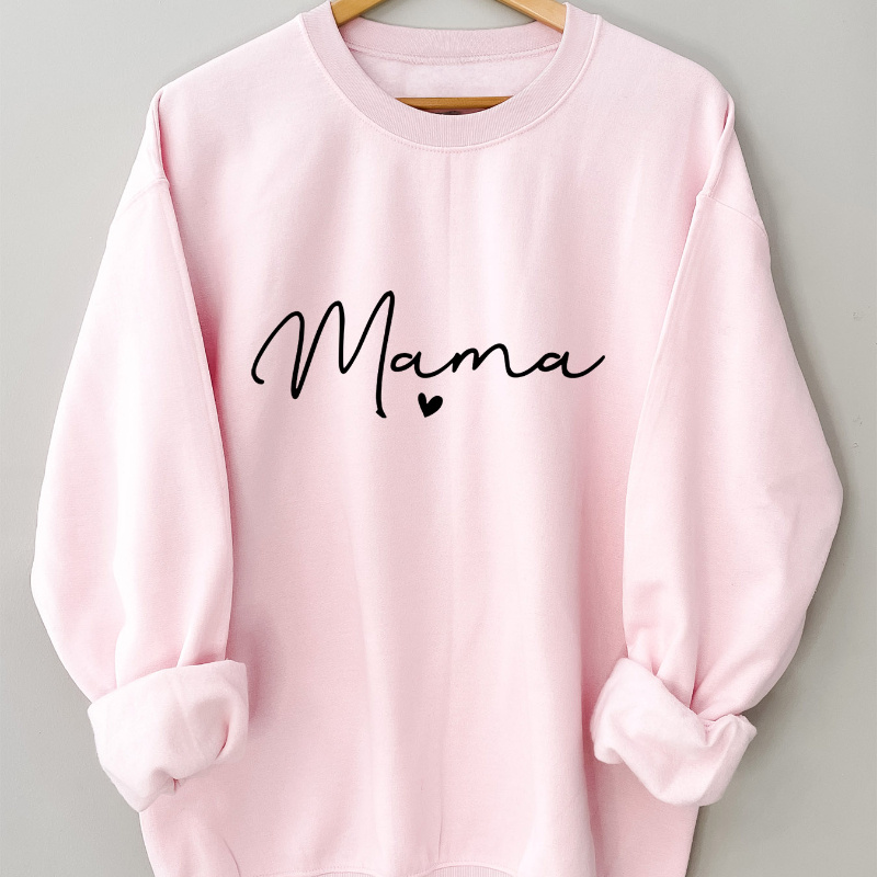 

Cozy Polyester Sweatshirt For Women - Casual Mama Lettering With Heart Print, Knit Fabric, Long Sleeve, Round Neck, Fall/winter Collection