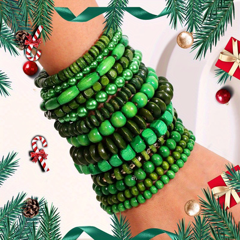 

13pcs Christmas Themed Bracelets Set, Bracelets, Green Boho Beaded Bracelets For Festivals, Parties And Gift- Occations