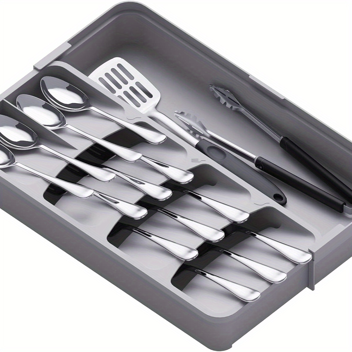 TEMU Silverware Organizer, Compact Utensil Organizer For Kitchen Drawer, Expandable Flatware And Cutlery Tray, Adjustable Plastic Spoons Forks Knives Storage Holder Organization, Gray