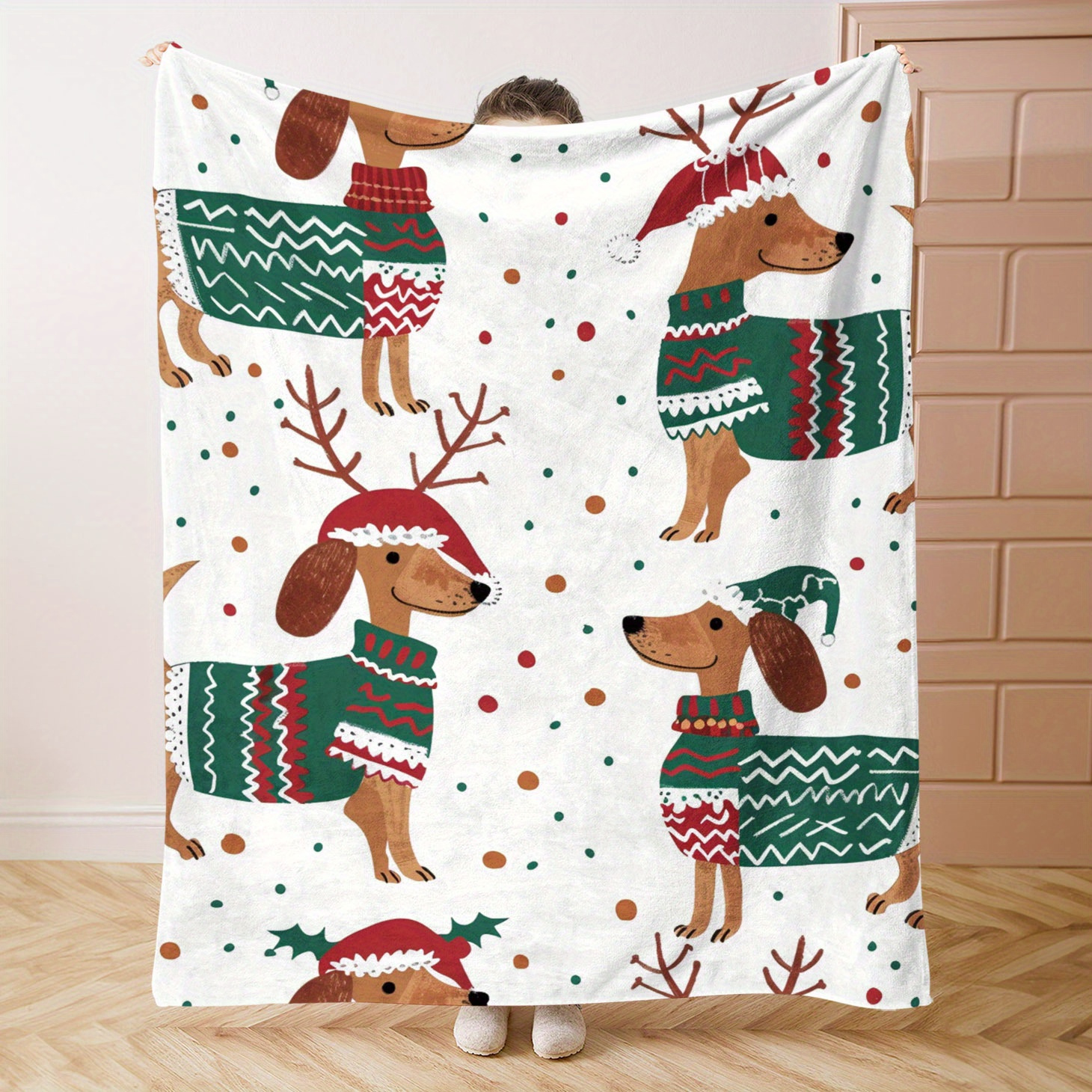 

Contemporary Christmas Dachshund Flannel Throw Blanket - Knitted Polyester Blanket With Festive Holiday Design For Bed, Sofa, Office, Camping, Travel - Soft, Comfortable, Warm Lightweight Gift Blanket