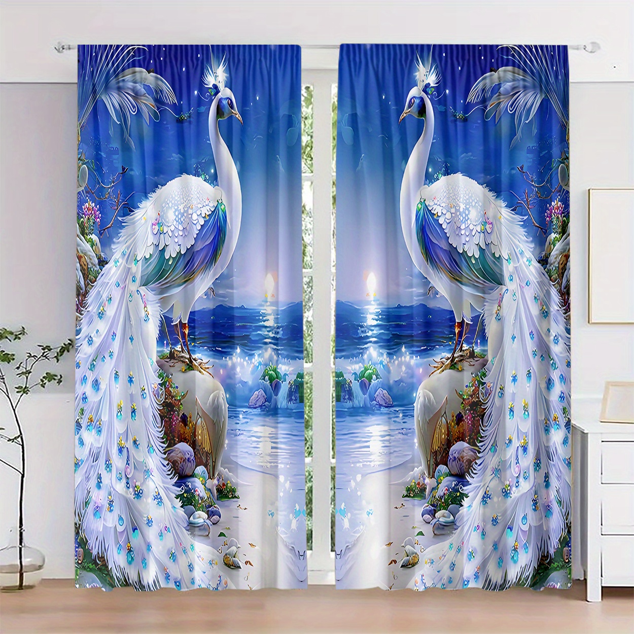 

2pcs Elegant Print Curtains - Vibrant On Seaside Scene, Light-filtering Polyester Drapes With Rod For Bedroom, Living Room, Office Decor