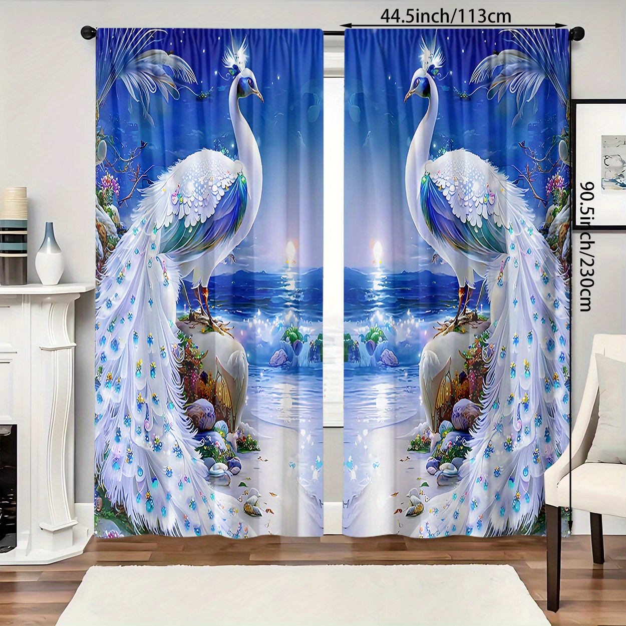 TEMU 2pcs Elegant Peacock Print Curtains - Vibrant On Seaside Scene, Light-filtering Polyester Drapes With Rod For Bedroom, Living Room, Office Decor