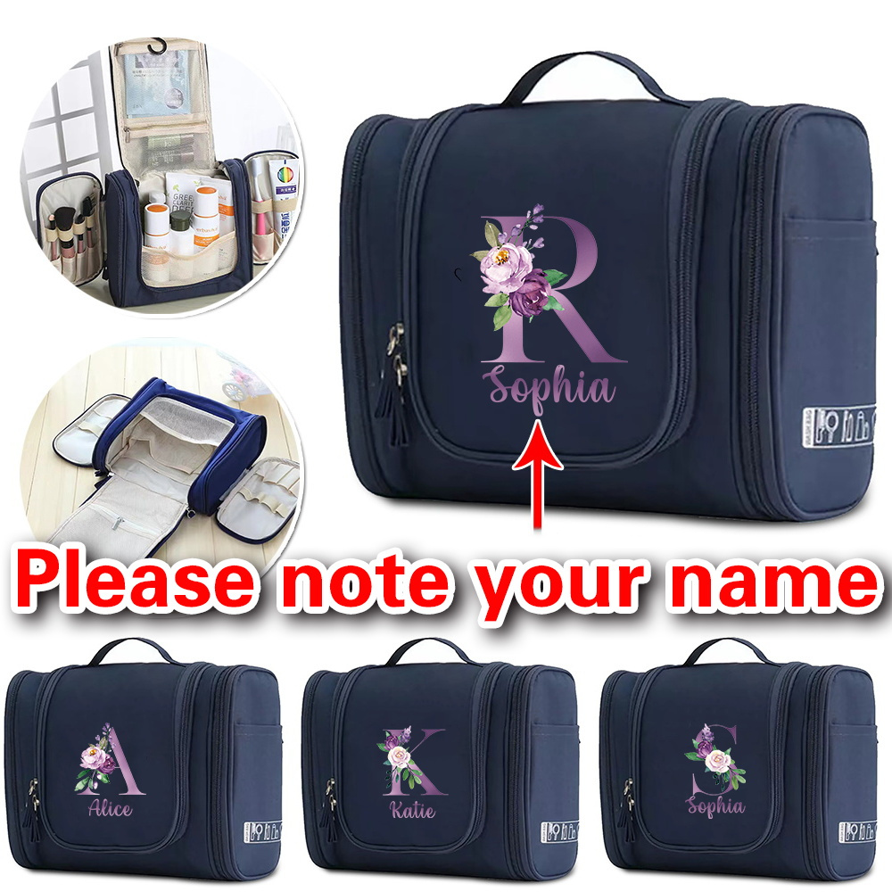 

Custom Personalized Navy Cosmetic Bag With Hanging Toiletry Organizer, Initial Letter A-z, Large Capacity, Non- Travel Makeup Case Storage Pouch With Multiple Compartments