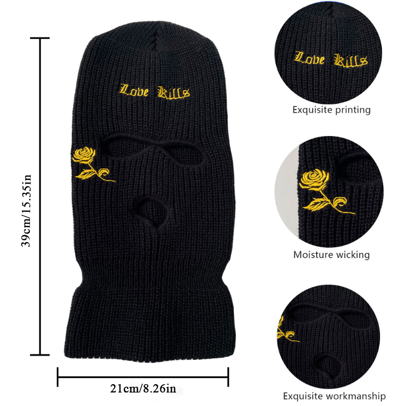 2pcs Embroidered 3-Hole Balaclava - Soft, Warm Knit Face Mask for Winter Sports & Outdoor Activities, Stretchy Acrylic Fabric details 1