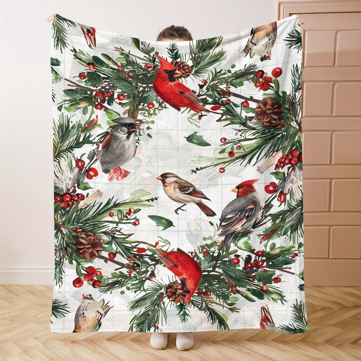 

Christmas Themed Flannel Throw Blanket - Polyester, Festive Bird Print, Lightweight Warmth For Bed, Sofa, Office, Gift - Versatile For Use, Knitted 200-250g