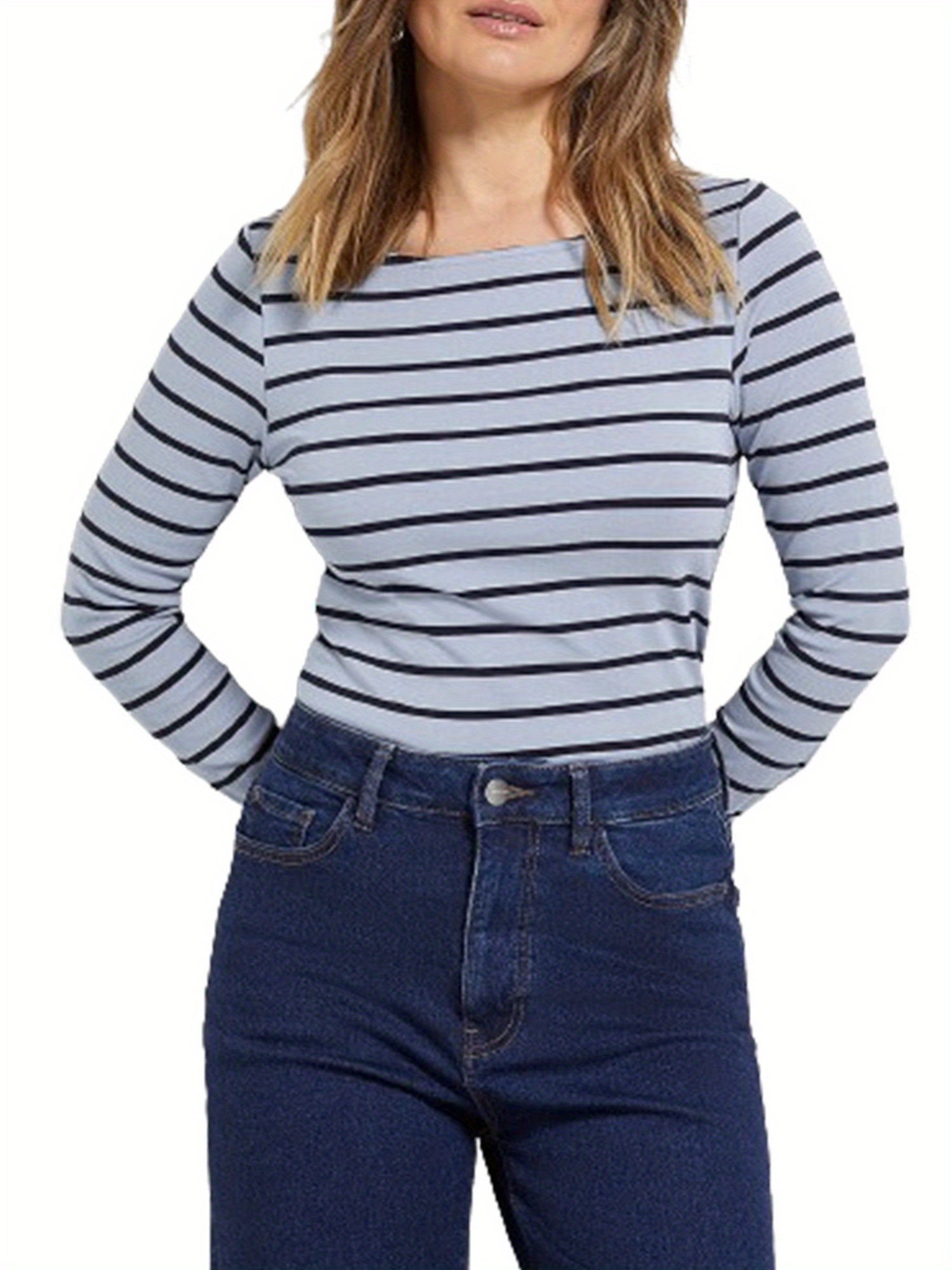 1pc Y2K Style Women'S Long Sleeve Crew Neck Striped Polyester Knit Top  Basic Shirt for Streetwear Aesthetic Clothing