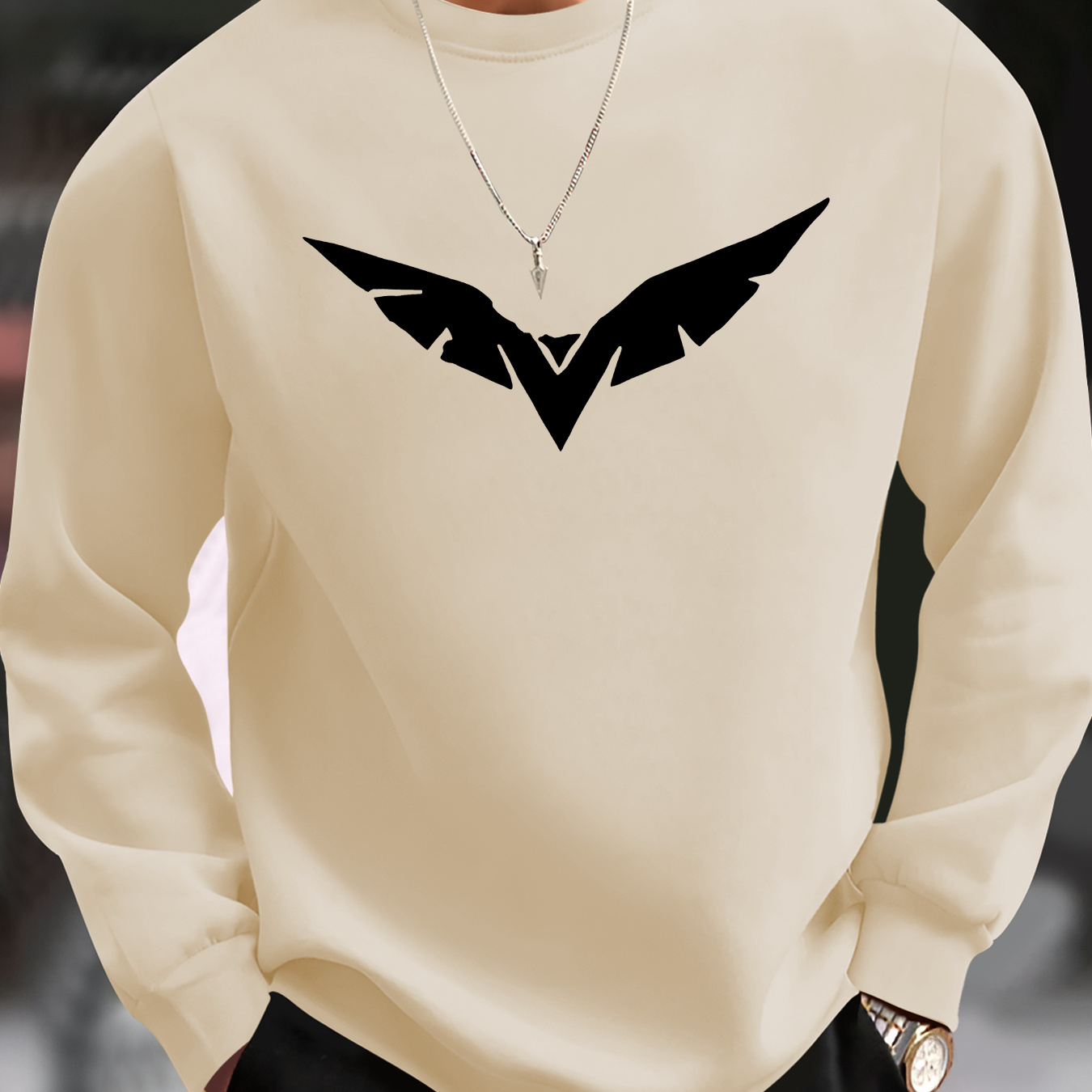 

Men's Casual Graphic Sweater With Abstract Wing Print, Crew Neck Long Sleeve Pullover, Stretch Polyester Knit Fabric, Regular Fit - Sportswear For Spring, Fall, And Winter