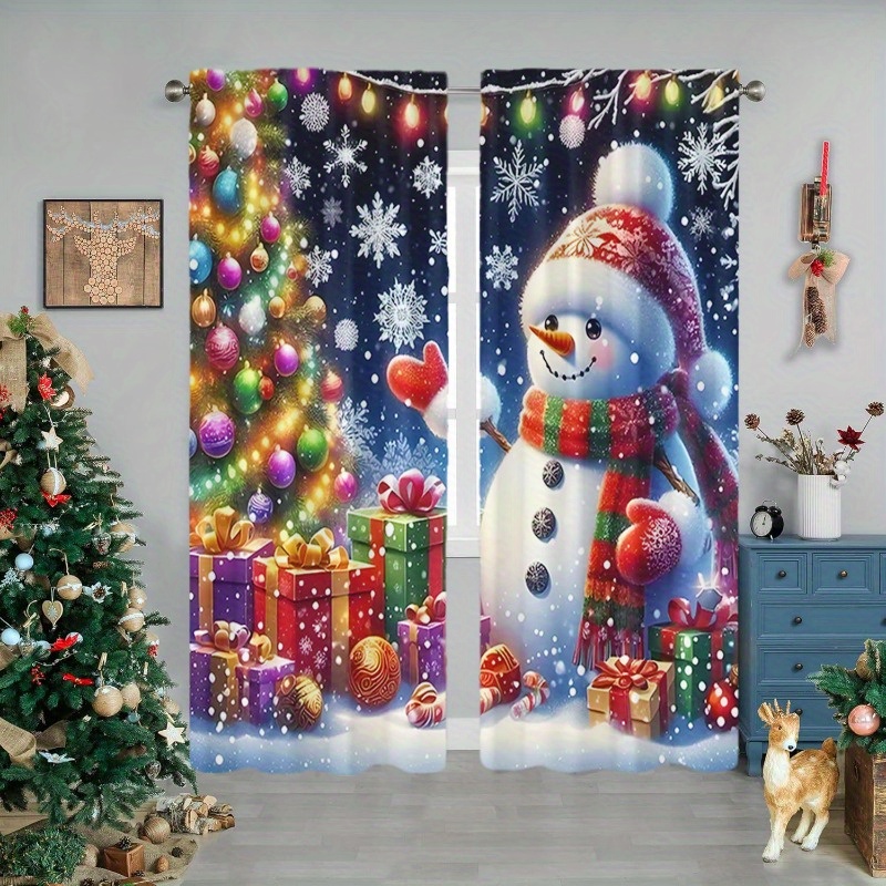 

2pcs Set Christmas Curtains - Snowman, Gifts & | Rod Pocket Blackout Drapes For Bedroom, Living Room, Kitchen & Study | Machine Washable Polyester Home Decor