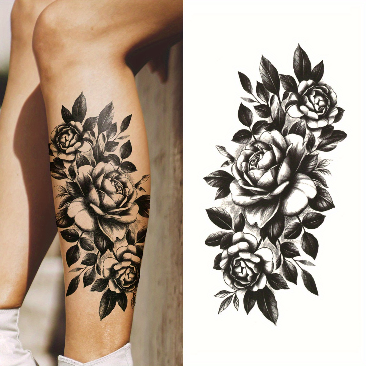 A Black Artistic Floral Tattoo Sticker For Legs And , Lasts Up To 2 Days, Waterproof And Sweatproof, Perfect For Party Temporary Tattoos