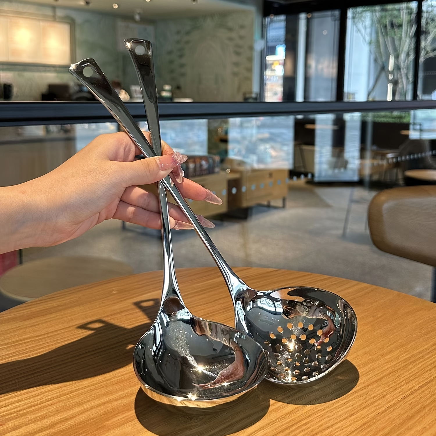 2pcs stainless steel soup ladle set with strainer long handle serving spoons for   gravy     kitchen utensils for home and restaurant use details 4